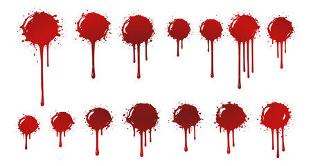 dripping blood splatter collection with grunge horror texture isolated on white background for halloween, horror design and graphic overlays, gradient, vector
