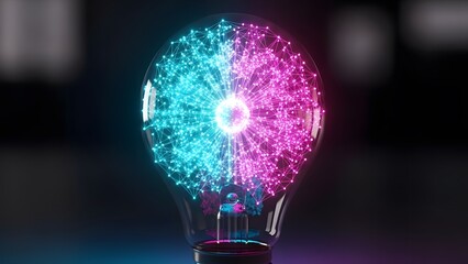 Futuristic light bulb filled with glowing neural network nodes in pink and cyan colors representing brain activity cognitive science and advanced technological innovation