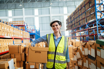 Professional female warehouse worker in safety vest and hard hat holding a cardboard box in a large storage facility. Logistics, inventory management, and industrial supply chain concept.