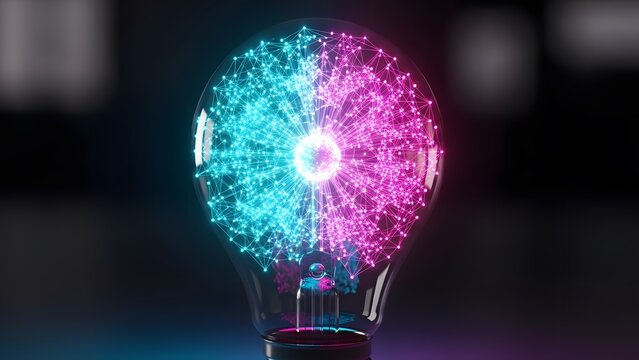 Futuristic light bulb filled with glowing neural network nodes in pink and cyan colors representing brain activity cognitive science and advanced technological innovation - Powered by Adobe