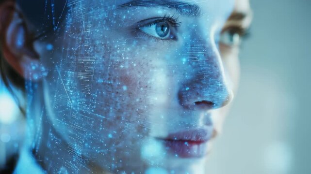 A young woman gazes forward with determination, her face illuminated by abstract digital graphics and holographic data. The image symbolizes artificial intelligence and future technology
