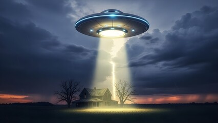 UFO abducting house in rural landscape with eerie lightning beam