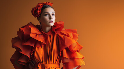 A creative asset designed around vibrant red & orange haute couture dress with ruffle details, modeled against an m-shaped keyboard backdrop - sunlit studio fashion shoot.