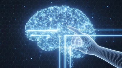 Futuristic digital brain interface with airplane activation by human hand touching screen - Powered by Adobe