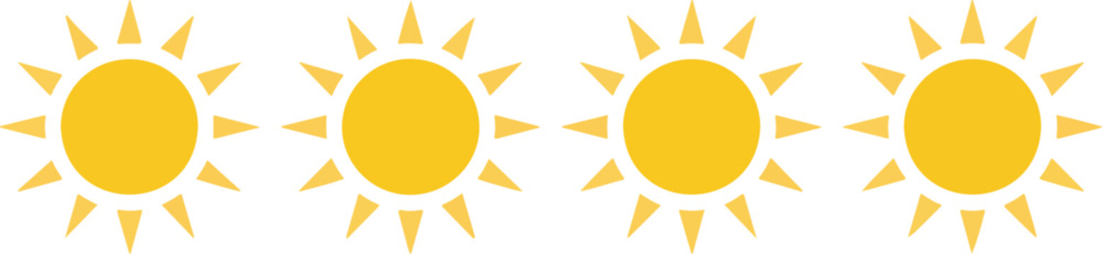 A simple graphic design of four identical yellow sun icons arranged horizontally in a row.