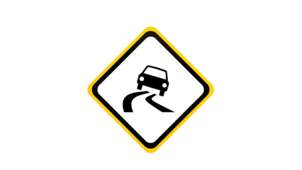 Road sign with car on curved road ahead warning