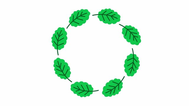 Circular green leaf wreath frame in cartoon animation isolated on a transparent background. Minimalist green leaves rotation for botanical circle border. Suitable for a wedding invitation element.