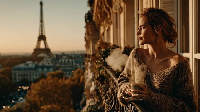 A romantic background of a beautiful woman with coffee on a balcony overlooking the Eiffel Tower in Paris at sunrise. Perfect for videos about travel, lifestyle, or romance.