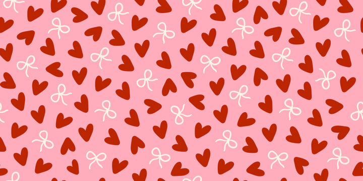 Minimalistic seamless pattern with small red hearts and white bows on a pink background. Vector print for wallpaper, fabric, textile design, wrapping paper.
