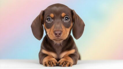 Adorable brown dachshund puppy with big eyes on colorful background
