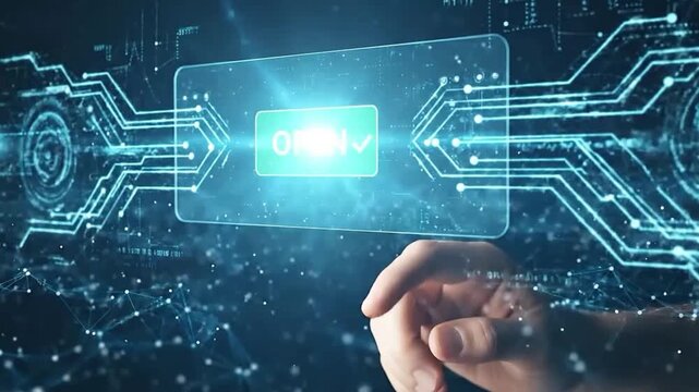 Futuristic hand touching glowing holographic interface screen with digital network particles