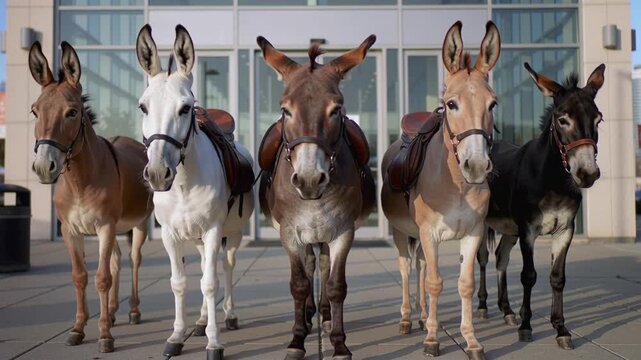 Fives donkeys around city structures, Group of donkeys situated near contemporary city square and buildings, Five equines positioned outdoors beside modern public space with riding equipment
