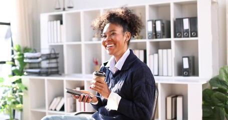 Phone call, laptop and research with Business in afro hair in office for stock broker, account manager and client contact. Market monitor, trade risk and feedback with person talking for investment pl - Powered by Adobe