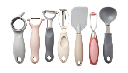 Isolated ergonomic kitchen utensils including jar openers and softgrip handles on a white background focusing on tools made for older adults to reduce hand strain during meal prep.