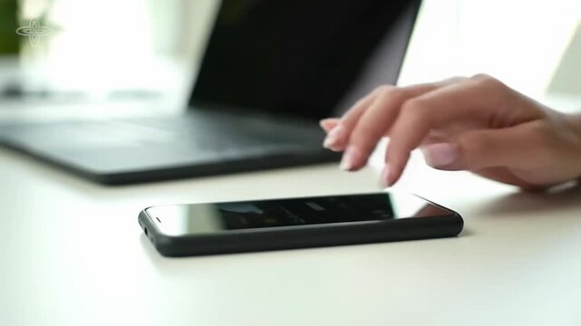 Clean, ambiguous hands interact with sleek silver laptop & minimalist black smartphone on an uncluttered desk in pristine modern workspace with bokeh, efficient digital integration concept