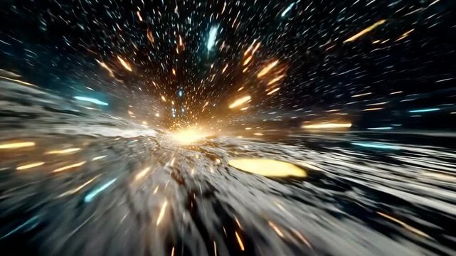 An epic sci-fi background of a flight through a hyperspace wormhole at lightspeed with glowing star streaks. Perfect for cinematic intros or futuristic videos.