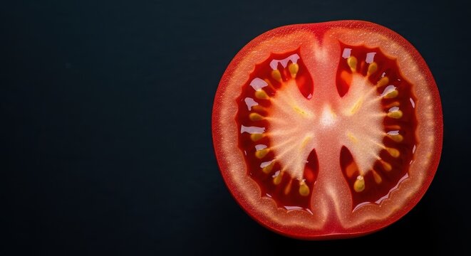 Extreme close up of a vibrant red tomato half, freshly cut to reveal glistening seeds and wet pulp, emphasizing freshness and high moisture content, closeup, juicy, natural