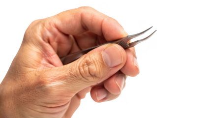 Closeup of a shaky hand gripping tweezers with unsteady tremor on a white background illustrating challenges in precision handling in craft activities.