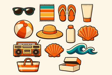 Colorful summer beach essentials including accessories and fun items