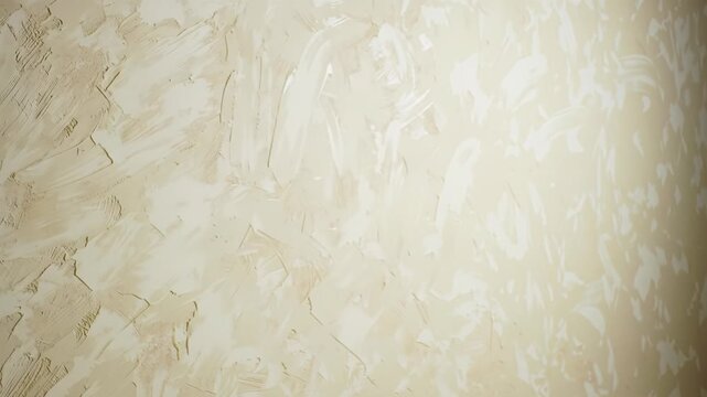 Ultra-slow tracking video drifts across a light beige textured wall, creamy plaster with fine grain, soft focus bokeh, diffused studio light. Concept of calm professionalism, modernity and an