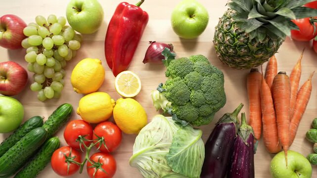 Vibrant, freshly washed fruits & vegetables (apples, grapes, oranges, pineapple, bell peppers, tomatoes) artfully arranged on light natural wood, in soft daylight. Concept of natural vitality and