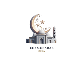 Modern Eid Mubarak 2026 Mosque Moon Stars Design Isolated on Transparent Background
