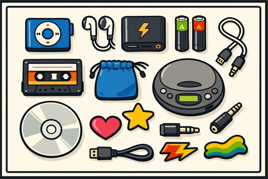 Retro technology gadgets collection with cassette player and discman