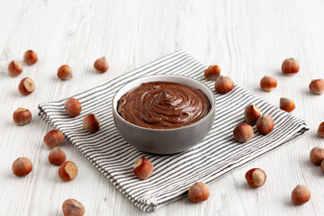 Delicious Homemade Chocolate Hazelnut Spread in a Bowl, side view.