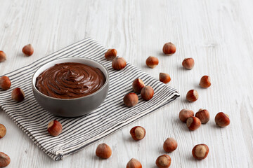 Delicious Homemade Chocolate Hazelnut Spread in a Bowl, side view.