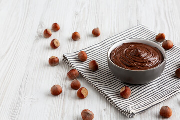 Delicious Homemade Chocolate Hazelnut Spread in a Bowl, side view.