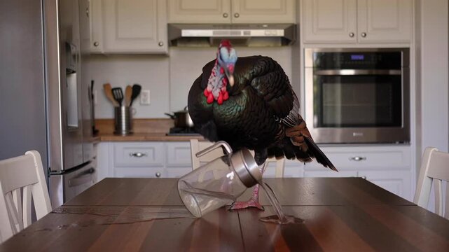 Bird causes mess, Feathered friend stirs up kitchen clutter, Curious bird disrupts kitchen area unexpectedly, Curious avian encounters kitchen items causing small disarray and minor disturbance 