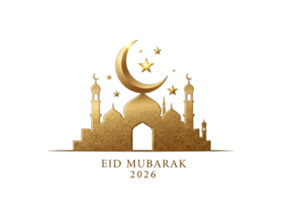 Golden Eid Mubarak 2026 Mosque with Crescent Moon & Stars Isolated on Transparent Background