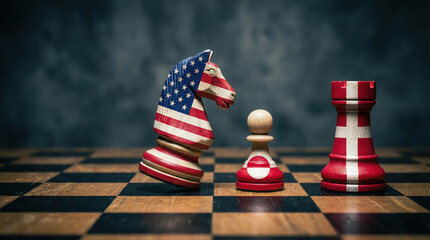 US knight, Greenland pawn, Denmark rook on chessboard illustrating arctic geopolitical struggle for rare earth metals.