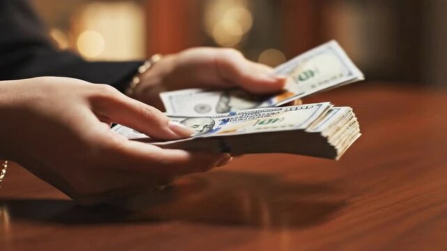 Hands exchanging a stack of currency notes on a wooden table