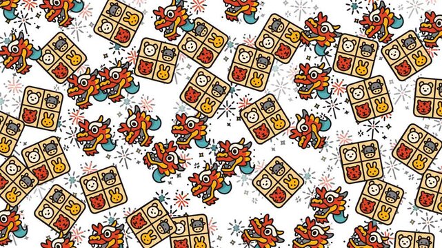 Lunar new year pattern dragon mahjong animals festive celebration seamless suitable for seasonal greetings, cultural events, background designs, and festive promotions.