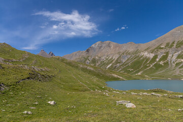 Lac du Goléon in the Arves Massif, French Alps, high-altitude mountain lake near La Grave...