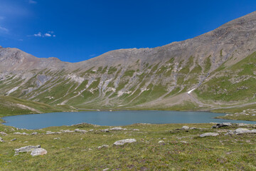 Lac du Goléon in the Arves Massif, French Alps, high-altitude mountain lake near La Grave...