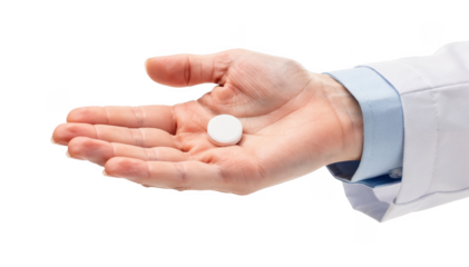 Doctors hand holding a white tablet on a clean white background symbolizing oral hormone therapy options and their effects in medical treatment.