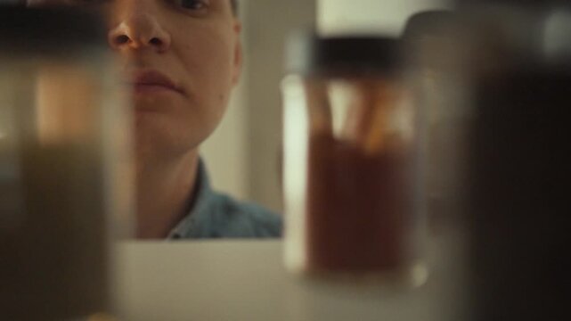 A man retrieves tubes of aromatic spices from a kitchen cupboard shelf, preparing to flavor his dish in a warm home, surrounded by seasonings