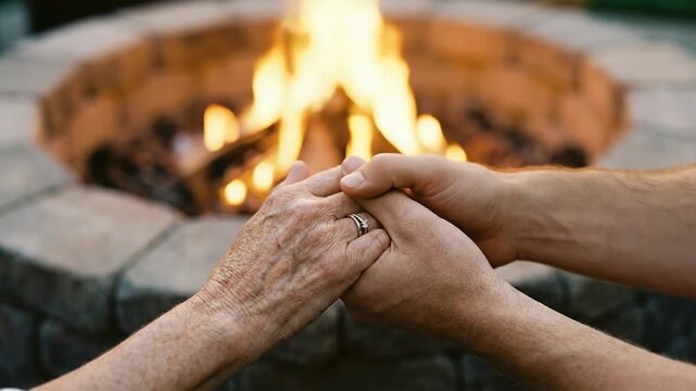 Two hands, young and old, clasped by a warm fire pit, symbolizing connection, enduring love, and steadfast support
