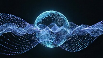 A futuristic digital representation of the Earth surrounded by flowing data streams and glowing blue particles in a dark environment - Powered by Adobe