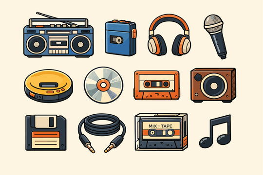 Retro audio icons collection featuring cassette tape, boombox, headphones, and vinyl record