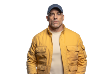 Serious middle-aged man wearing a yellow utility jacket and a blue cap with a strong expression, isolated on transparent background