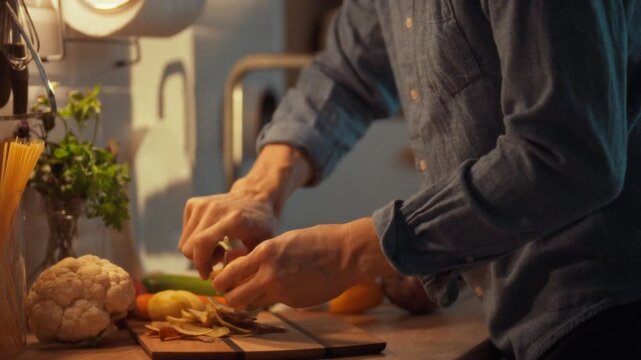 A man's hands expertly use a vegetable peeler's sharp blade to remove shavings from raw potatoes, standing out amidst eggplant and cauliflower, utilizing a versatile tool for effortless peeling