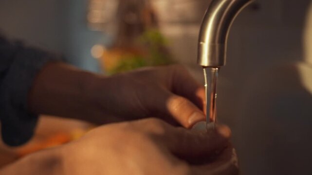 A man's hands gently clean fresh champignon mushrooms under running kitchen tap water, preparing them for stewing or marinating, ensuring they're clean for a delicious meal