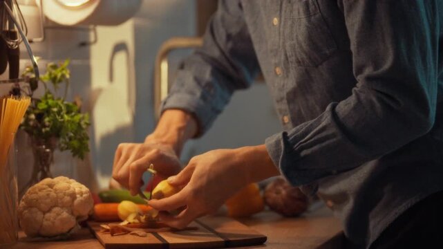 A man's hands skillfully use a sharp vegetable peeler with a bladesome tool to shave raw potatoes, beside eggplant and cauliflower, efficiently removing peel for cooking prep