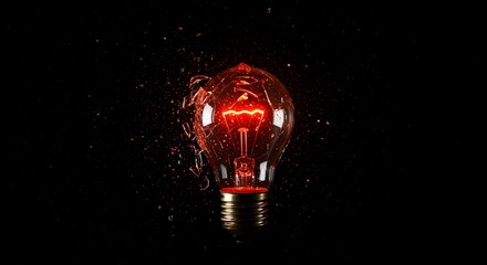 exploding red light bulb with sparks on dark background