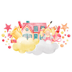 A horizontal composition of children's toys in pastel pink and yellow tones, featuring a jump rope, doll, house, tea pot, tea cup, plasticine, paintbrush on clouds with stars and confetti around it