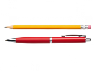 Vibrant writing tools with red pen and yellow pencil isolated on transparent background