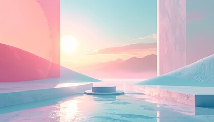 Futuristic Landscape with Abstract Shapes and Sunset.